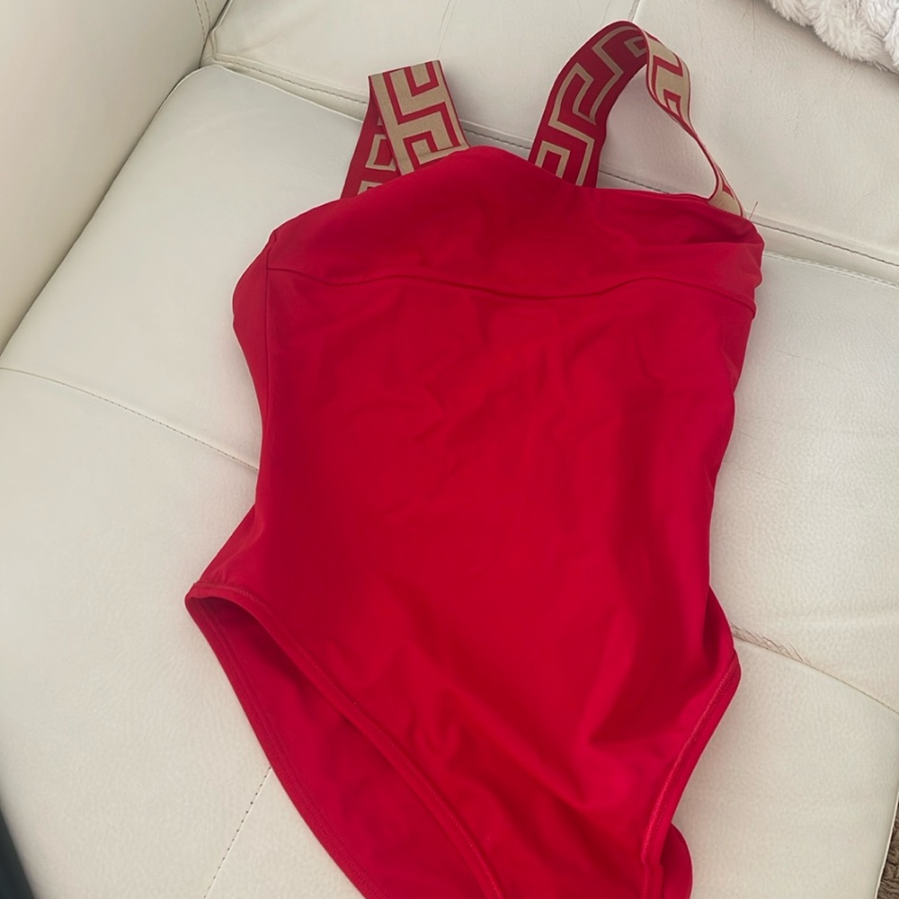 Versace Red One-Piece Swimsuit with Signature Logo Straps